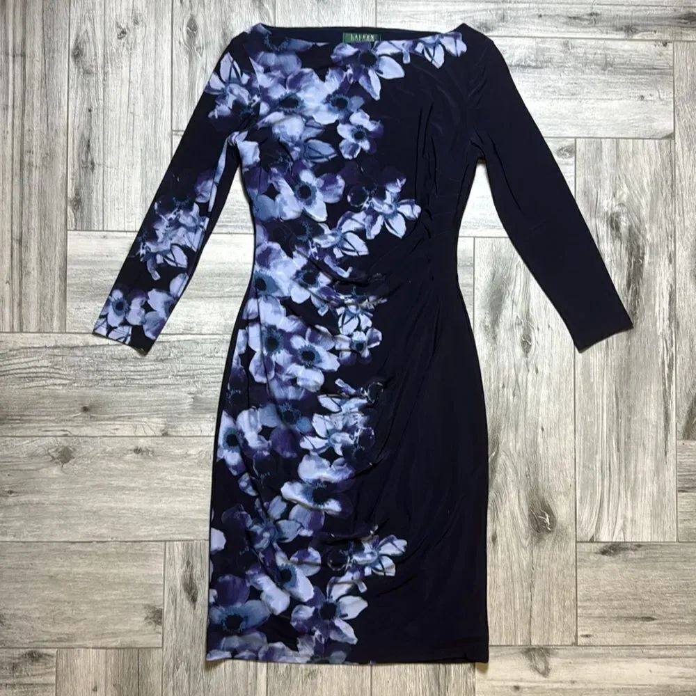 Lauren Ralph Lauren Women's Floral Quarter Sleeve Sheath Mini Dress Blue Size 2